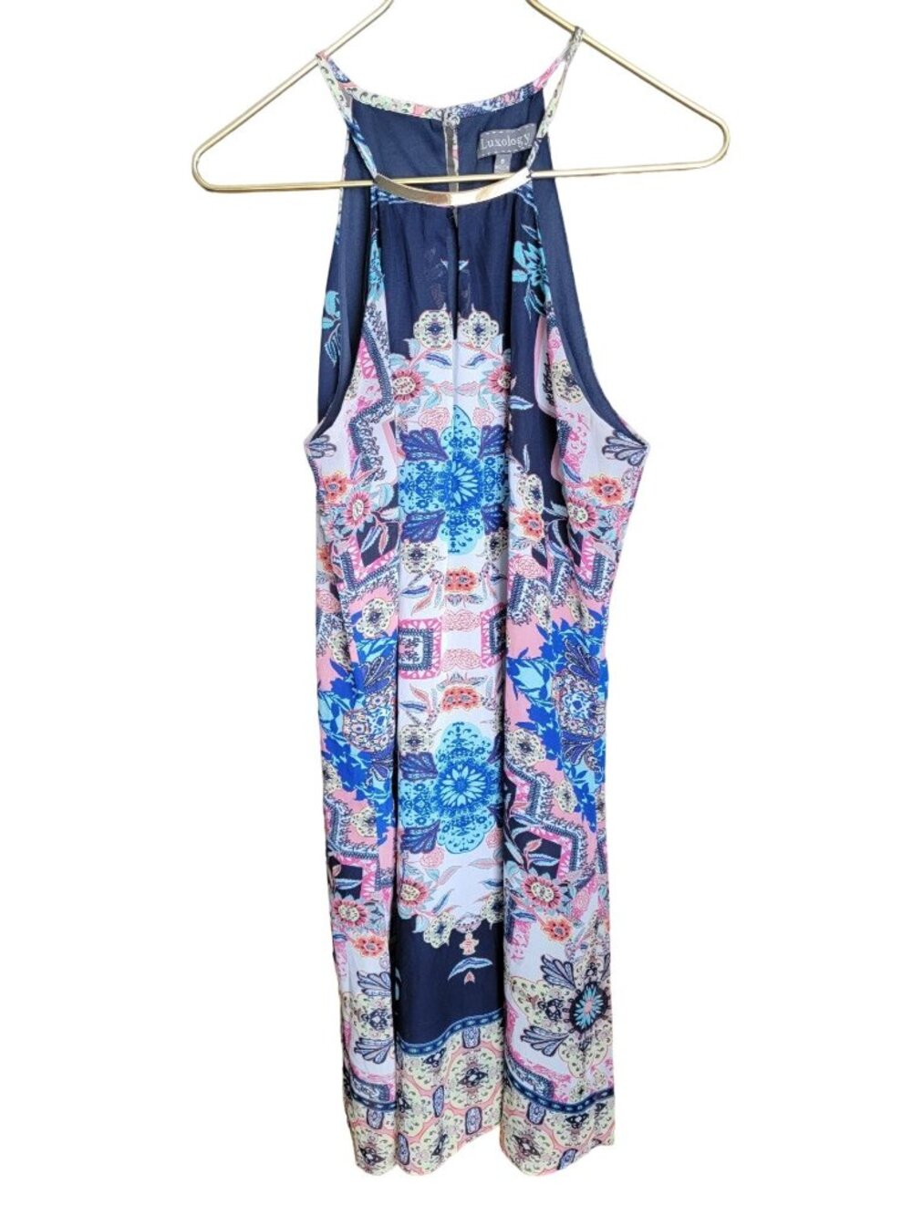 Luxology Womens Dress Sz 8 Boho Floral Halter Neck Gold Bar Accent Lined - Picture 10 of 10